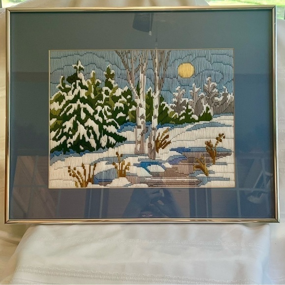 Crewel Embroidery Art Hand Stitched Winter Snow Scene Professionally Framed EUC - Picture 9 of 13
